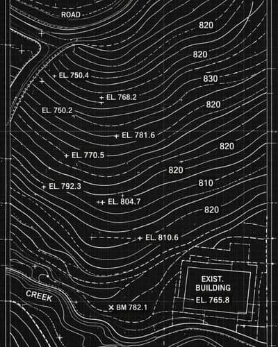 Topographic survey map showing contour lines, elevations, and an existing building for site planning before construction